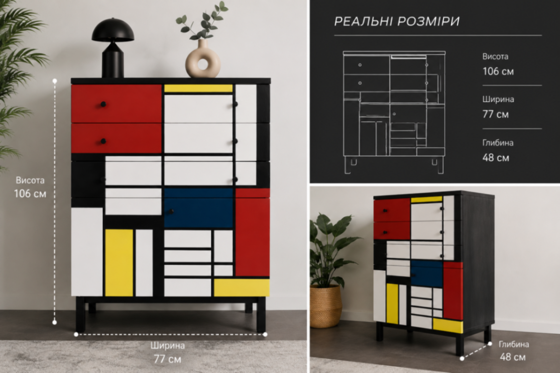 Реальні розміри — Тумба Мондріан як акцент в інтерʼєрі — геометричний варіант з фарб на водній основі для невеликої кімнати, для декору звер...